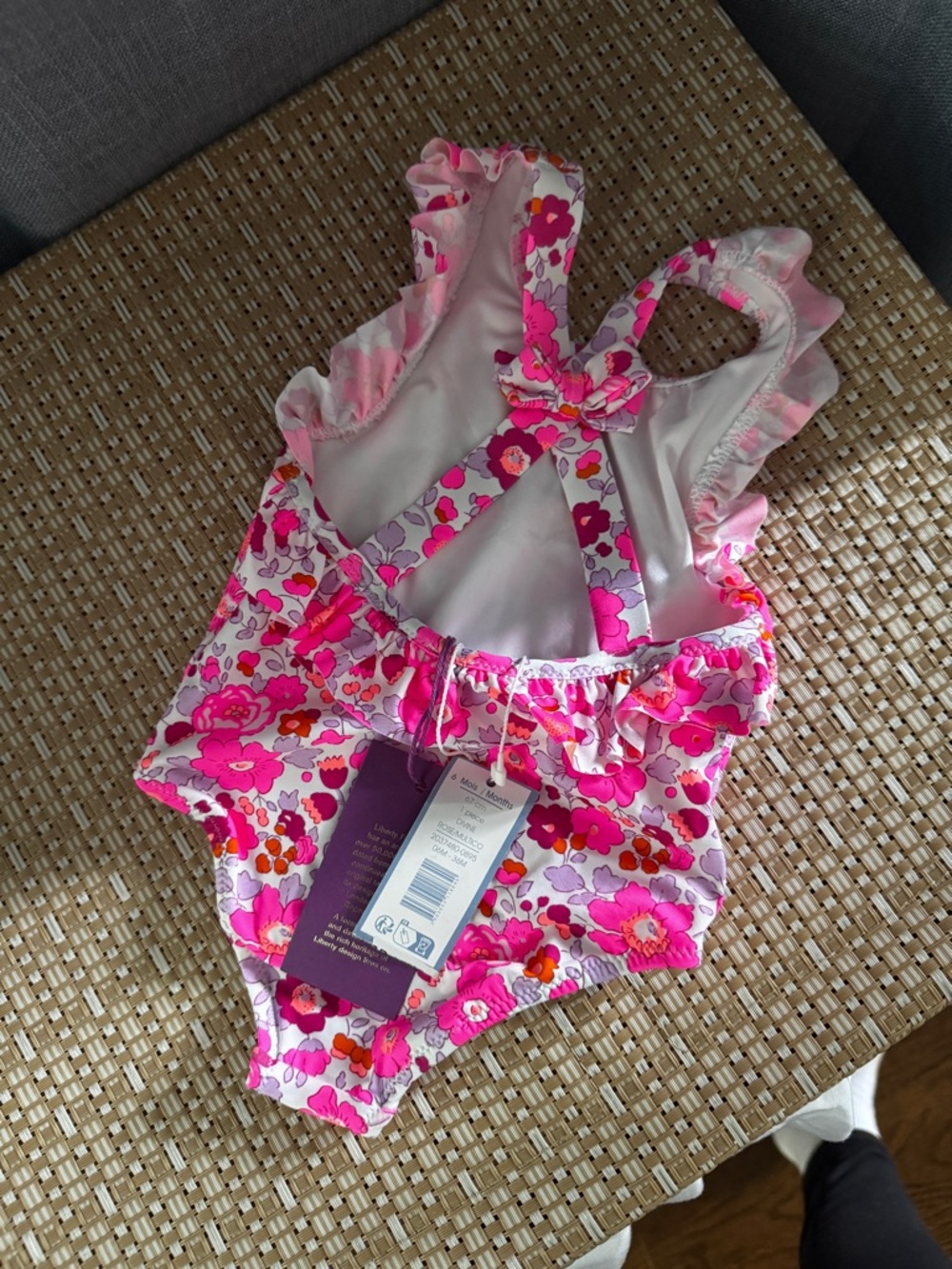 NWT Jacadi Pink Floral Ruffle One-Piece Swimsuit Bow Back